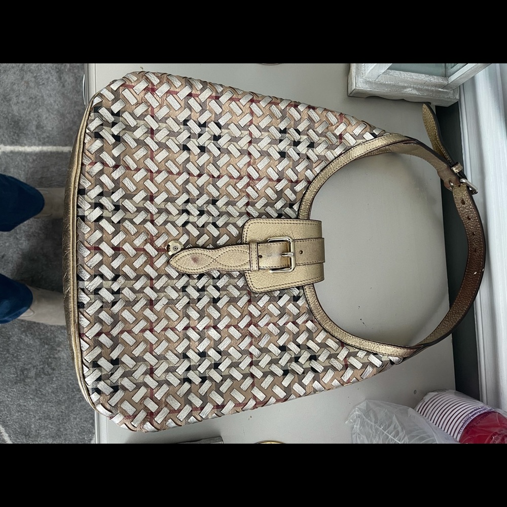 Burberry Gold/Beige Woven Haymarket Check PVC and Leather Brooke Hobo. Authe - Picture 2 of 7